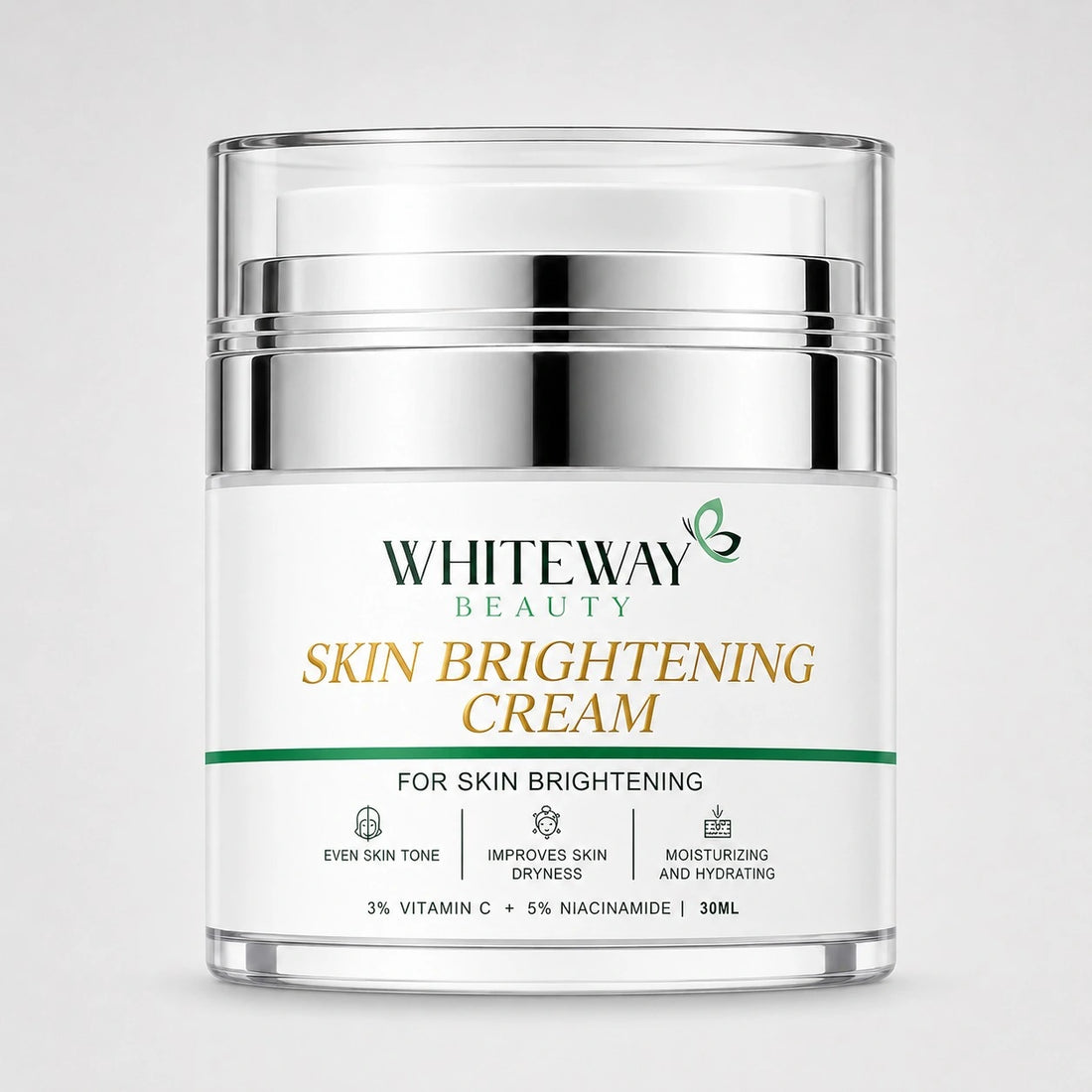 Whiteway Beauty 50ML Skin Brightening Cream in a premium airless pump jar, featuring 3% Vitamin C and 5% Niacinamide to even skin tone, improve dryness, and provide deep hydration.