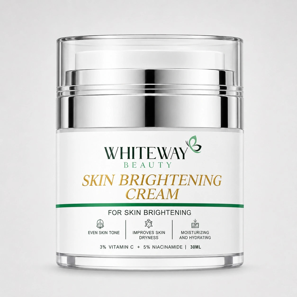 Whiteway Beauty 50ML Skin Brightening Cream in a premium airless pump jar, featuring 3% Vitamin C and 5% Niacinamide to even skin tone, improve dryness, and provide deep hydration.