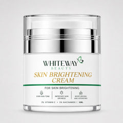 Whiteway Beauty 30ML Skin Brightening Cream in a premium airless pump jar, featuring 3% Vitamin C and 5% Niacinamide to even skin tone, improve dryness, and provide deep hydration.