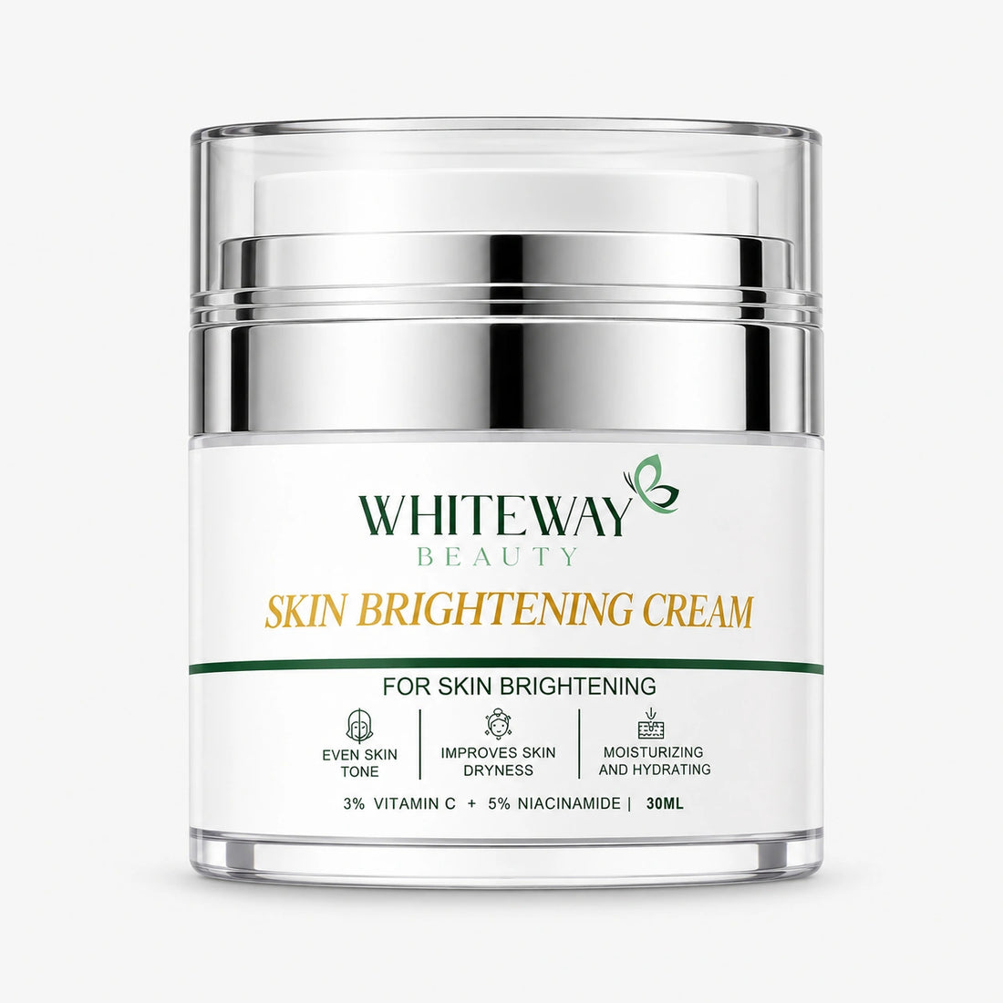 Whiteway Beauty 50ML Skin Brightening Cream in a premium airless pump jar, featuring 3% Vitamin C and 5% Niacinamide to even skin tone, improve dryness, and provide deep hydration.