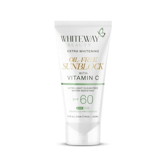 Whiteway Beauty Extra Whitening Sunblock SPF 60 120ml tube, oil-free sunscreen with Vitamin C for brightening. Protection Graphic: SPF 60 broad-spectrum protection chart showing UVA and UVB defense for Whiteway Beauty sunblock. Texture Image: Lightweight, no-white-cast texture of Whiteway Beauty oil-free sunscreen being applied to skin