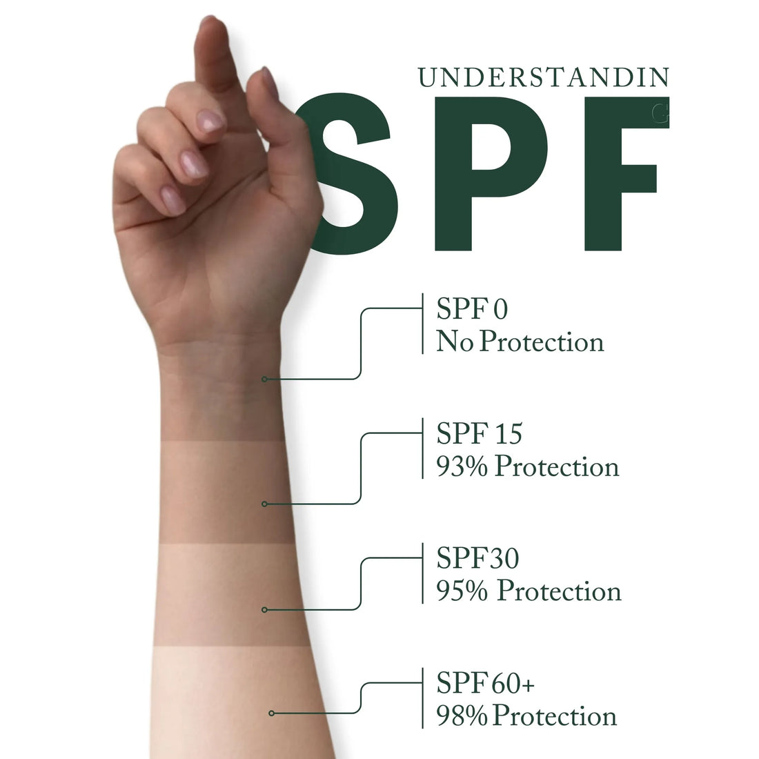Whiteway Beauty educational infographic explaining SPF protection levels: SPF 15 (93%), SPF 30 (95%), and SPF 60+ (98%) compared to no protection, illustrated on a skin tone swatch to show sun defense effectiveness.