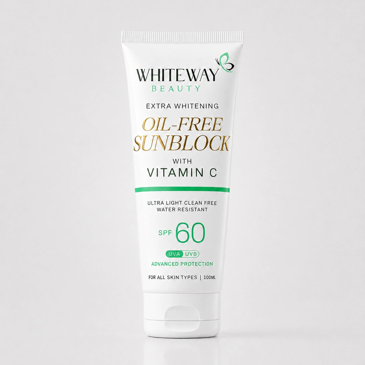 Whiteway Beauty Oil-Free Sunblock SPF 60 with Vitamin C; a 100ml ultra-light, water-resistant sunscreen providing advanced UVA and UVB protection for all skin types.