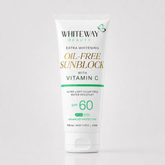 Whiteway Beauty Oil-Free Sunblock SPF 60 with Vitamin C; a 100ml ultra-light, water-resistant sunscreen providing advanced UVA and UVB protection for all skin types.