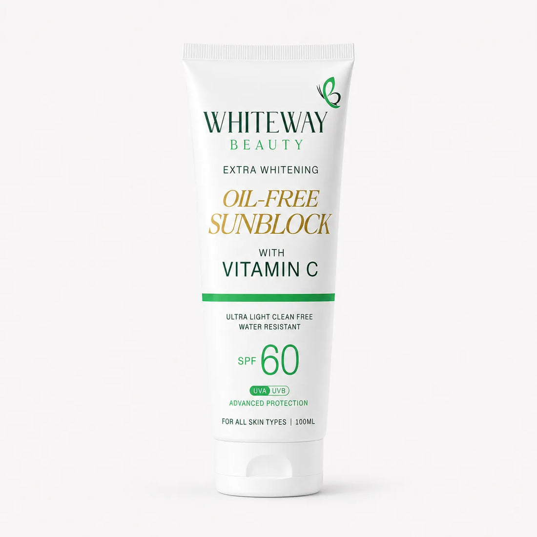 Whiteway Beauty Oil-Free Sunblock SPF 60 with Vitamin C; a 100ml ultra-light, water-resistant sunscreen providing advanced UVA and UVB protection for all skin types.