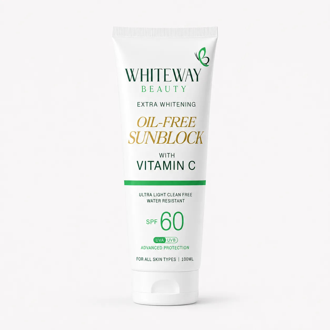 Whiteway Beauty Oil-Free Sunblock SPF 60 with Vitamin C; a 100ml ultra-light, water-resistant sunscreen providing advanced UVA and UVB protection for all skin types.