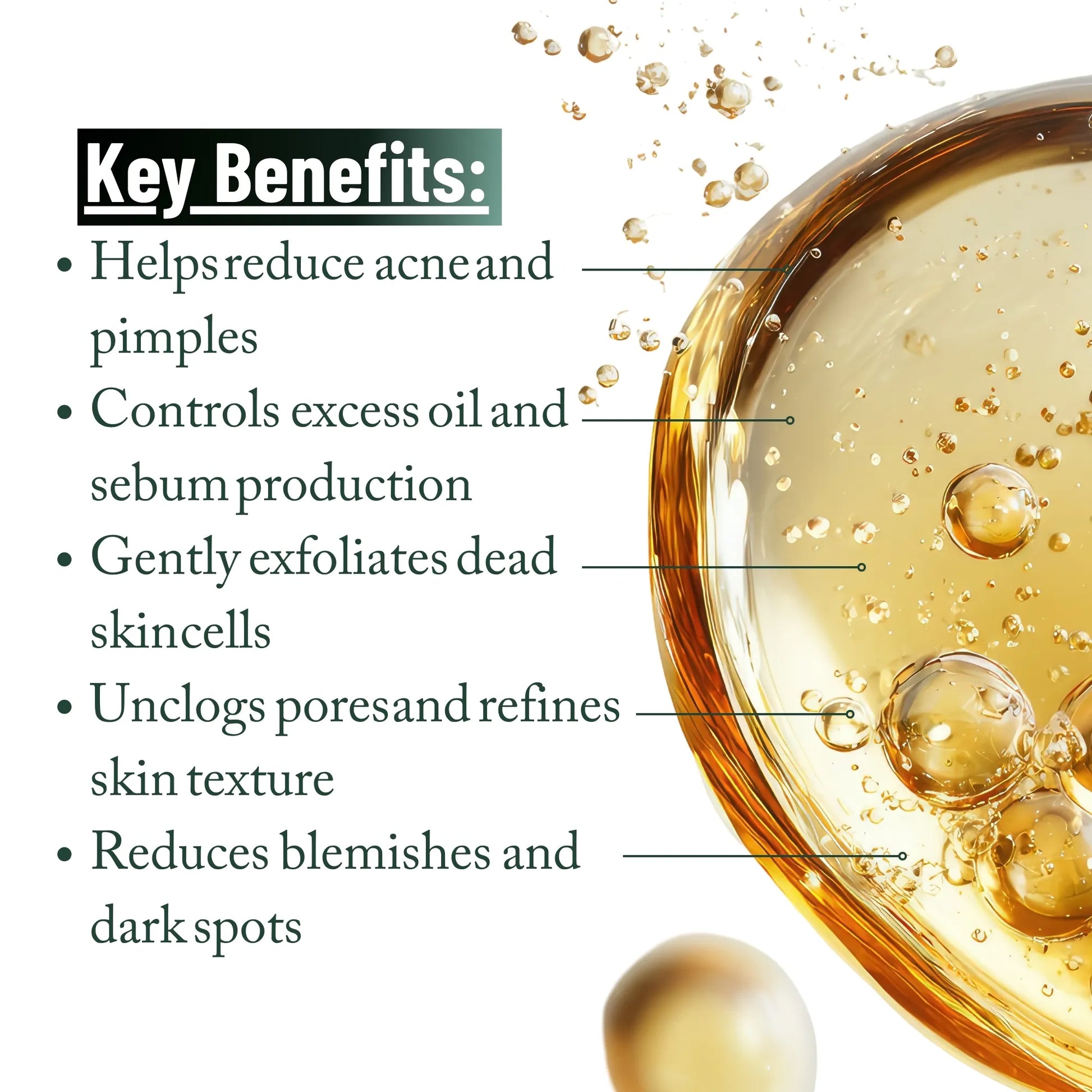 Key benefits of Whiteway Beauty Acne Free Serum including oil control, gentle exfoliation of dead skin cells, and reduction of dark spots.